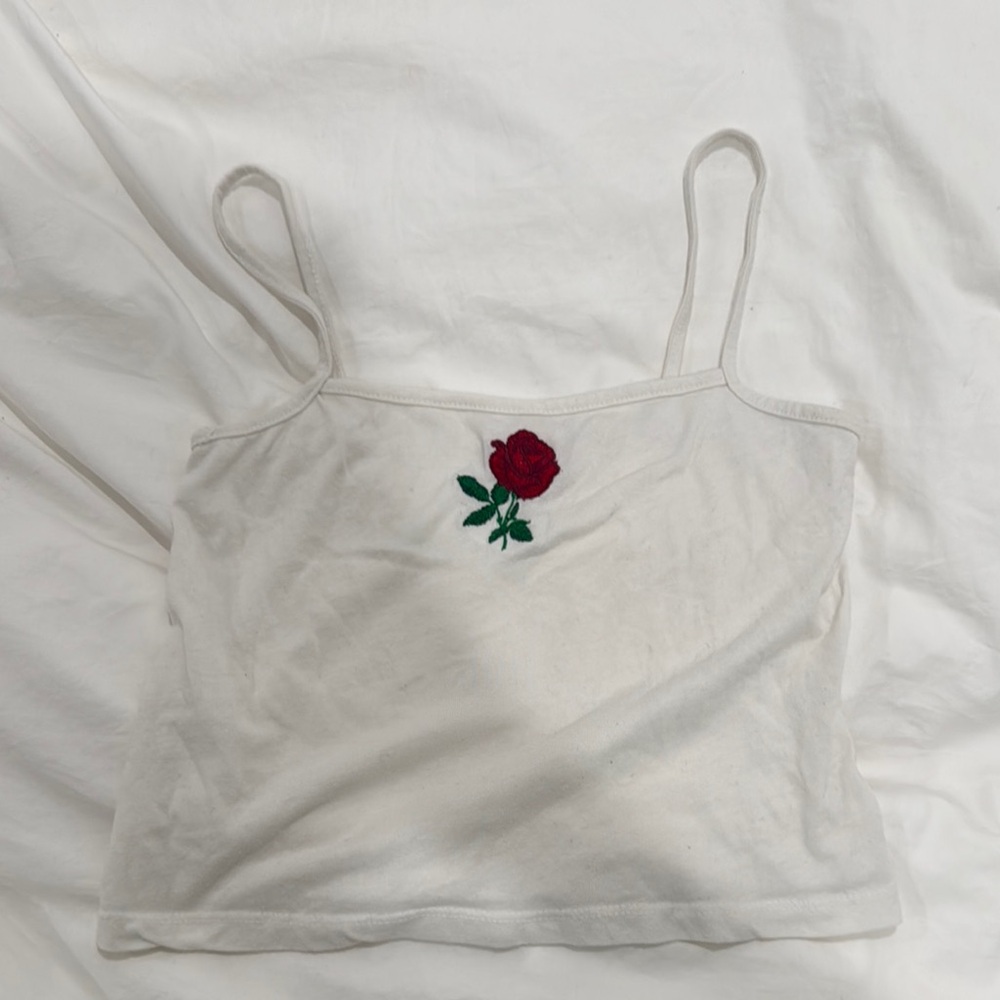 White Spaghetti Strap Top with Red Rose Embroidery